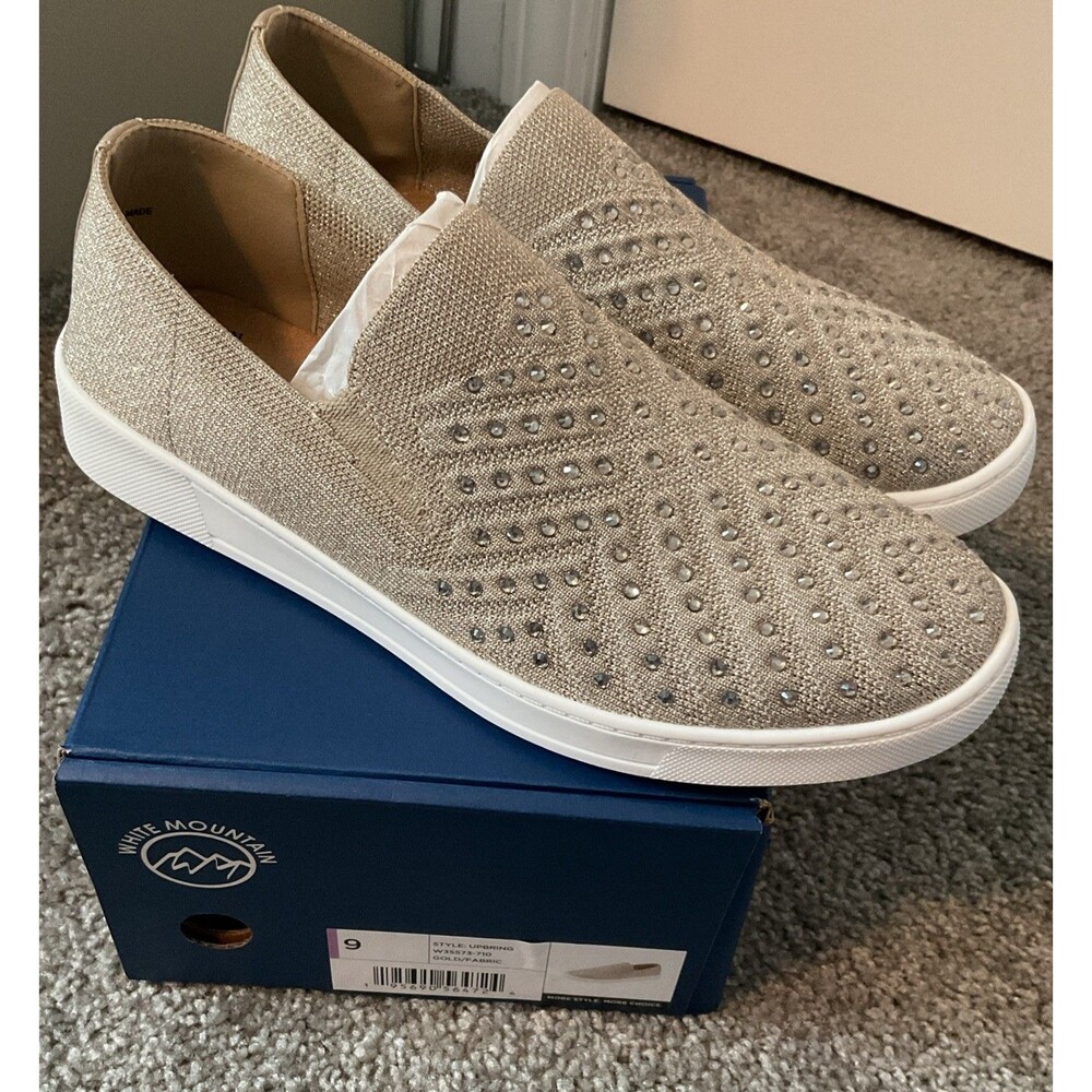 NIB White Mountain Rhinestone Upbring Taupe Gold Metallic Slip-On Sneakers Sz 9